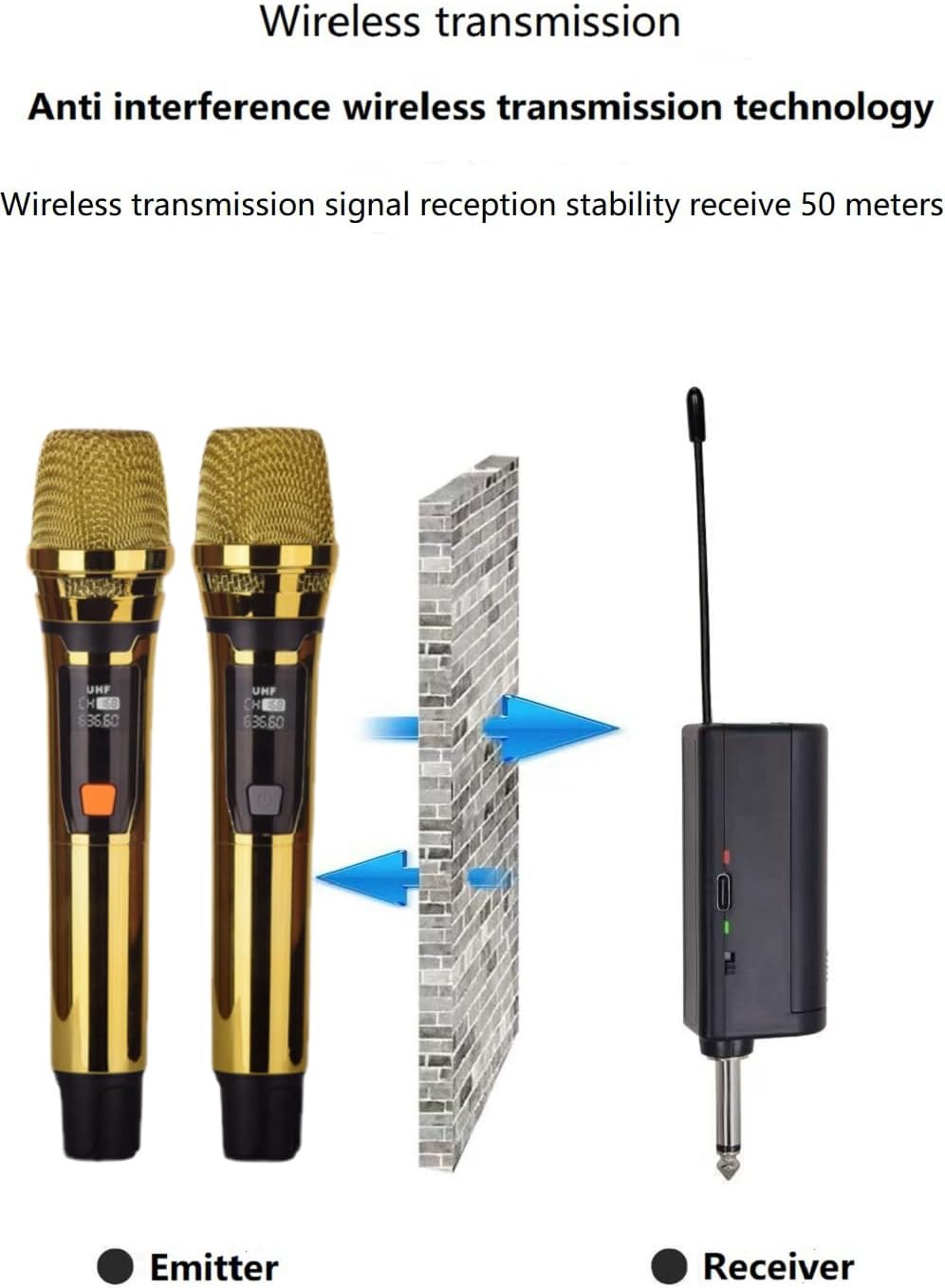 Handheld Wireless Microphone, Can imitate 4 types of sounds, 2Gold Handheld UHF Microphone,200Ft, Handheld Wireless Mic for large stage Singing Karaoke Wedding Party Speech Church Class Use PA System - Image 7