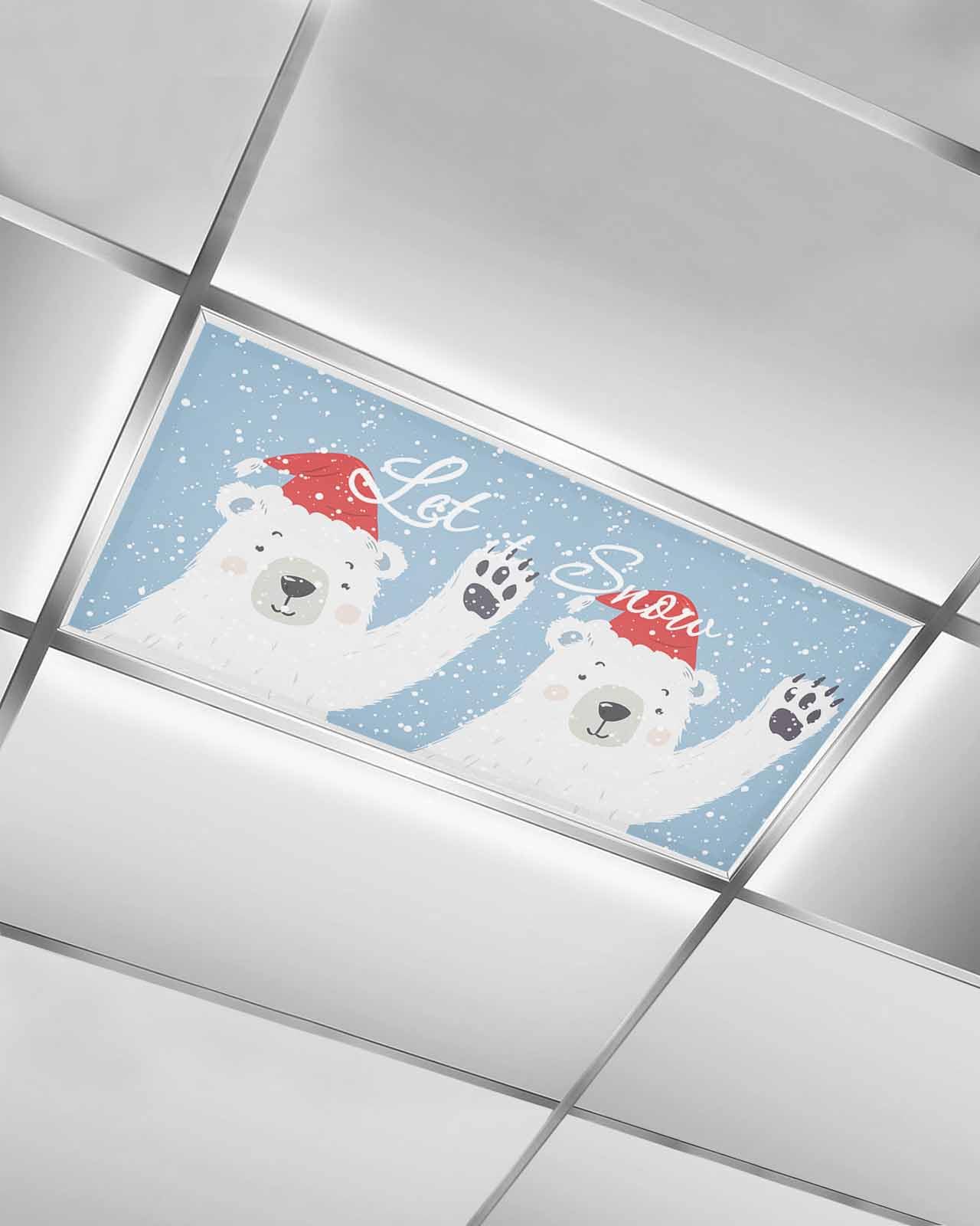 1 Pack Magnetic Fluorescent Light Cover, Falling Snow Santa Hat Cartoon Bear 4 x 2 Feet Ceiling Light Filters Decorative Accessories for School Classroom Office Home Drop Lamp