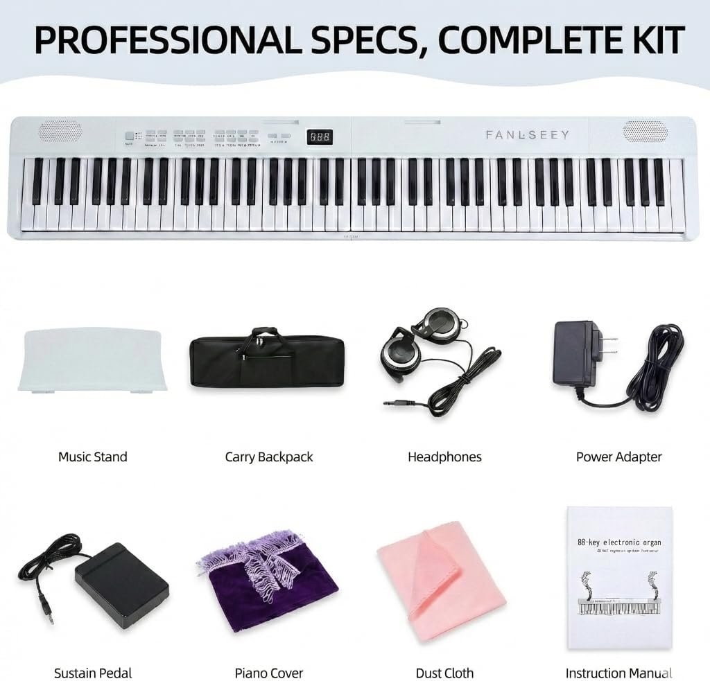 88-Key Folding Digital Piano Keyboard - Full Size Light-Up Keys with Sustain Pedal, Portable Electric Piano (7.5lbs) with Dual Bluetooth, MIDI, Carrying Bag & Headphones for Beginners, Adults(White)