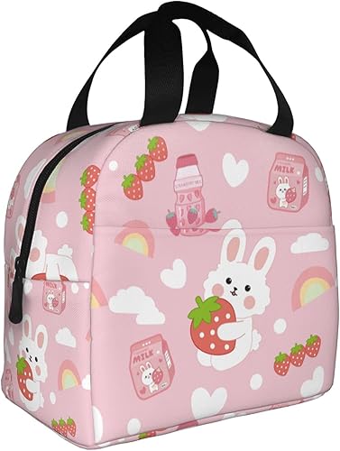 wyehjut Lonchera con diseño de conejo de fresa, reutilizable, aislada, para niños, niñas, mujeres, hombres, lonchera para la escuela, oficina,