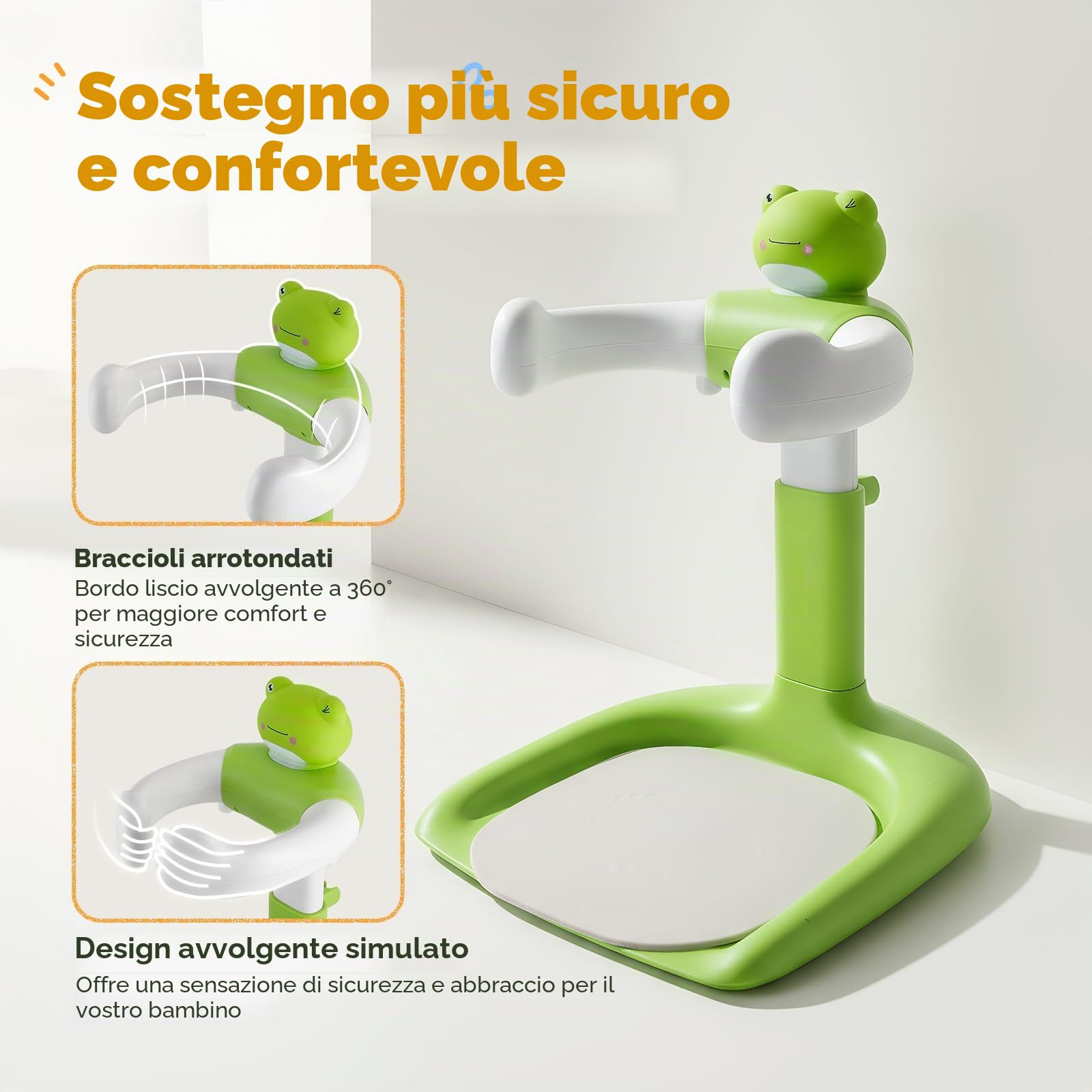 Supporto Doccia Bambini in Piedi, Supporto per Doccia Bambini Regolabile con Sedile e Base Antiscivol, Supporti per Vasca da Bagno per Bambini, Supporti Doccia Bambini dai 6 ai 36 Mesi (Rana)