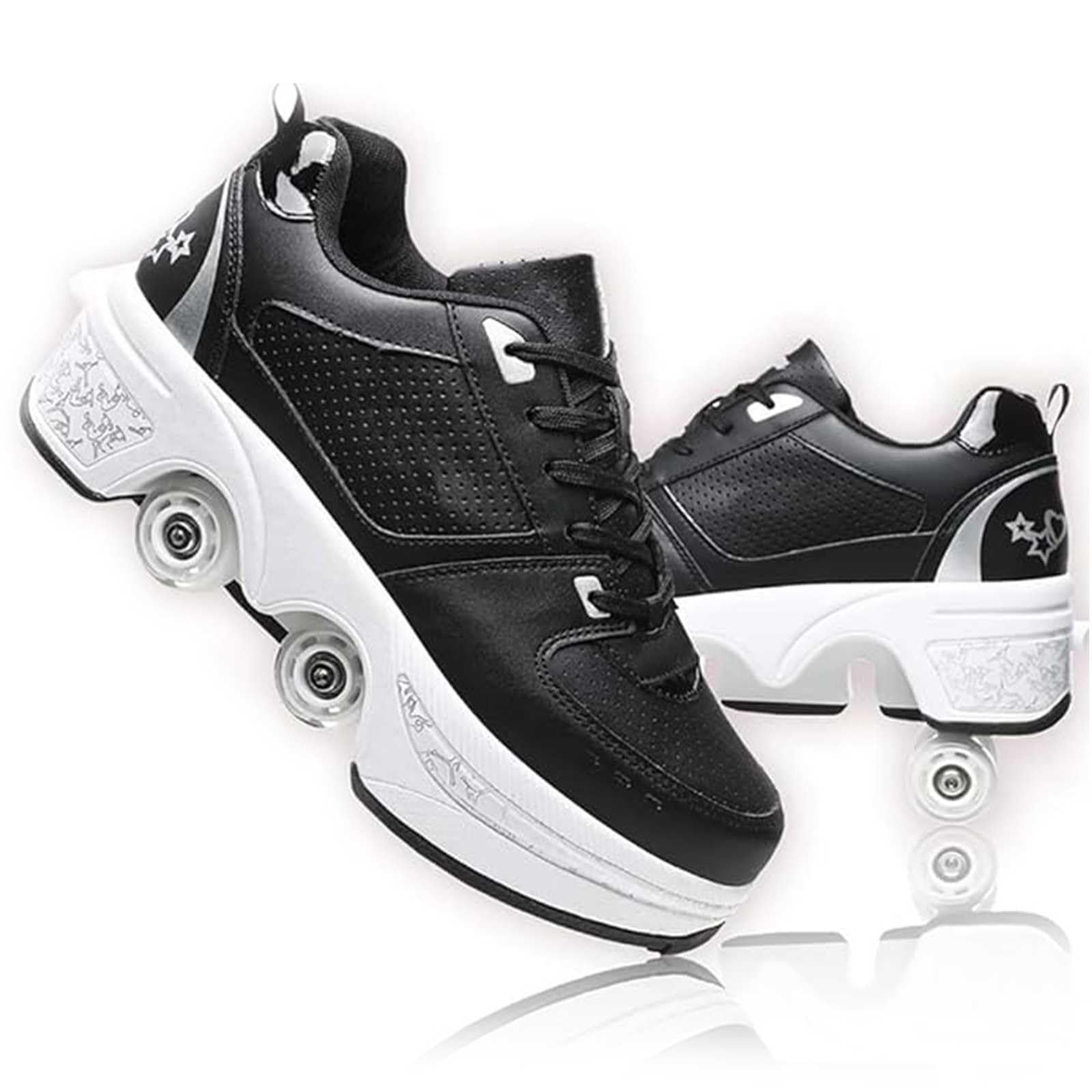 Roller Skates, Roller Skate Shoes for Boys Girls, Wheeled Shoes, Roller Shoes, Outdoor Retractable 4 Wheels Skateboard Sneakers, Shoes with Wheels for Men and Women Black Silver