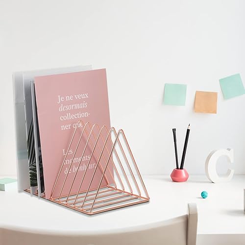 Miniatura 2 de ESAEPRES - Soporte para revistas de oro rosa, organizador clasificador de archivos de escritorio, triángulo, 9 ranuras, estante de almacenamiento