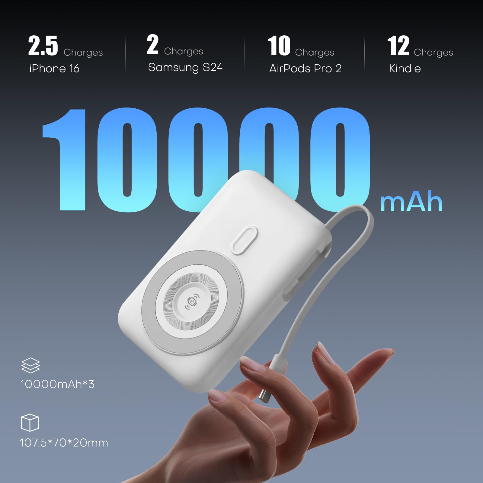 Power Bank Stacja ładująca 10000mAh, 3 porty, 22.5W PD QC Fast Charge, Powerbank z wbudowanymi kablami USB-C/Lightning/Micro, 15W Wireless, do iPhone Samsung Android, podróżny zestaw ładowania