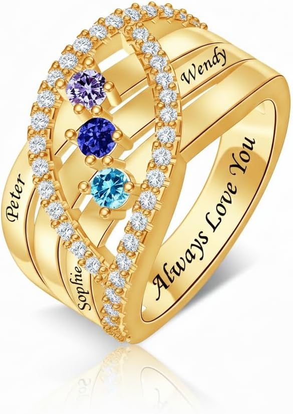 Personalized 1-6 Birthstones Promise Ring for Women Custom Birthstones Mother Rings Solid 10K/14K/18K White Yellow Rose Gold Engraved Names Engagement Mother Day Rings for Her Wife Mom