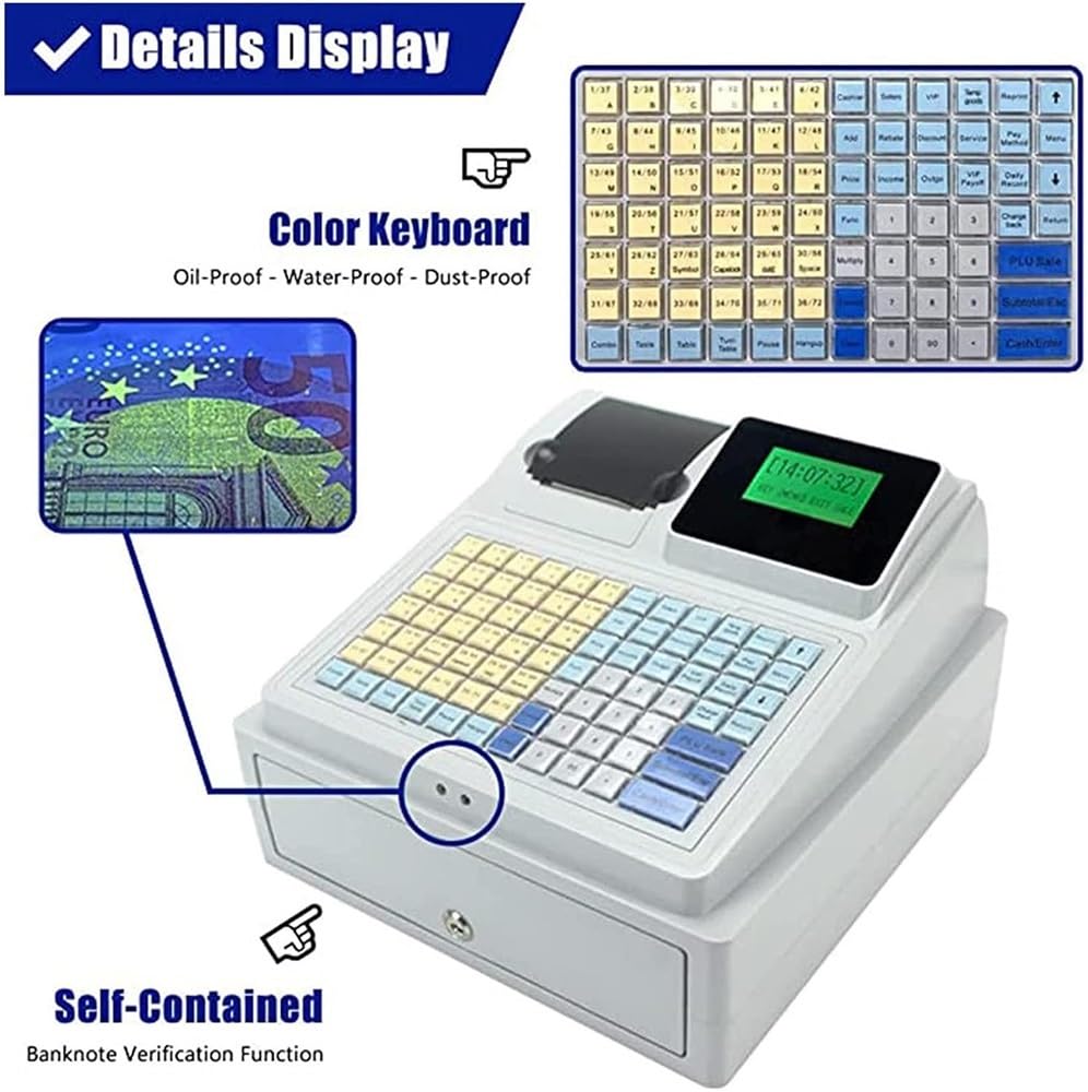 Caja registradora con Sistema POS electrónico con Capacidad para 4 Billetes y 5 Monedas, Bandeja extraíble e Impresora térmica para pequeñas Empresas, comercios y restaurantes.