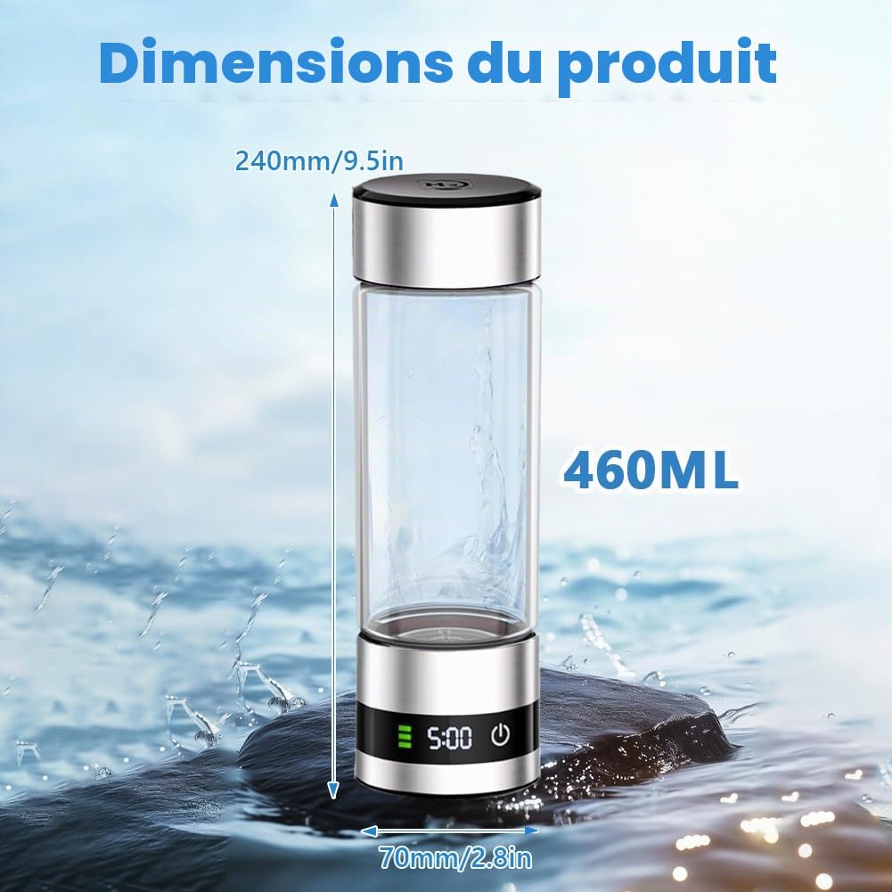 Bouteille d'Eau Hydrogénée Portable 460 ML, Ioniseur d'Eau avec Technologie SPE/PEM, Génération d'Eau Riche en Hydrogène Haute Concentration en 5 Minutes, Usage Maison, Bureau et Salle de Sport