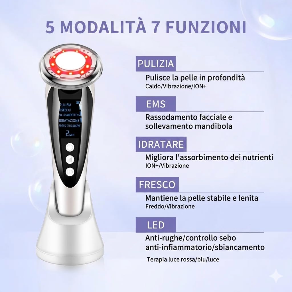 Kit Viso Anti-Aging Professionale 7-in-1 M8807 RF EMS LED Siero Acido Ialuronico 30ml Lifting Ringiovanimento Idratazione