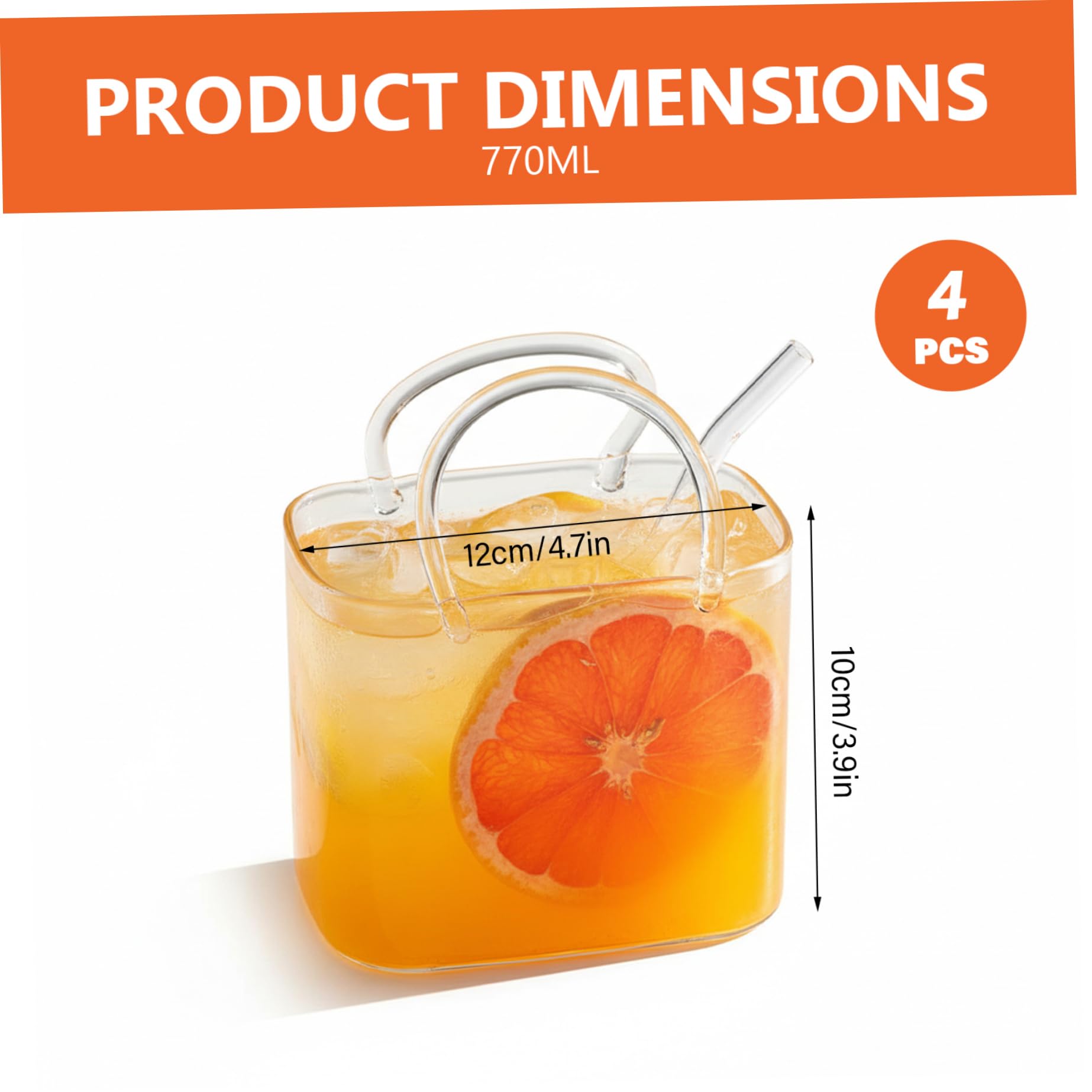 4er-Pack Glas-Geldbeutel für Getränke, 770 ml, einzigartige Trinkgläser, Handtaschen-Design, Cocktailbecher für Saft, klares Borosilikatglas