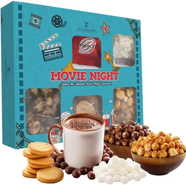 Movie Night Gift Basket: Gourmet Snack Box with Popcorn, Chocolate & Biscuits