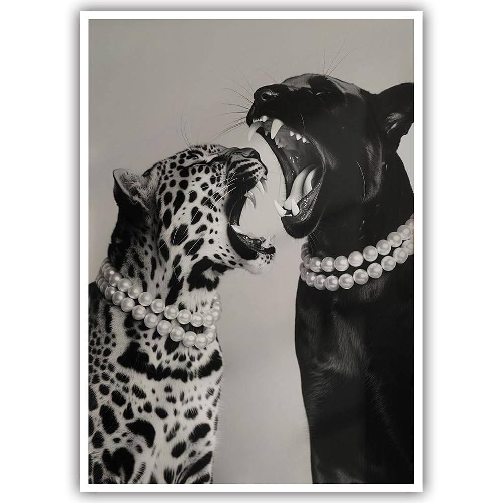 Trendy Wild Cats Posters Elegant Leopard and Panther in Pearls Wall Art Fashion Black and White Canvas Prints Chic Animal Photography Jungle Aesthetic for Girls Room Apartment Bedroom 16x24in Unframed