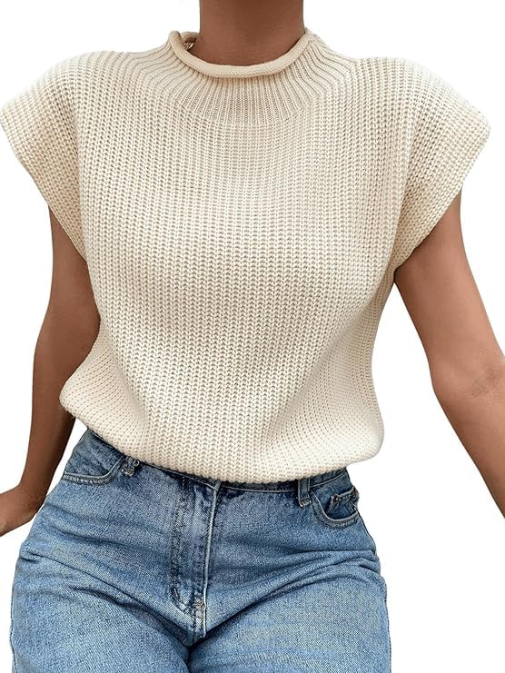 GORGLITTER Women's Short Cap Sleeve Sweater Vest Mock Neck Fall Cozy Casual Trendy Knit Pullover Top