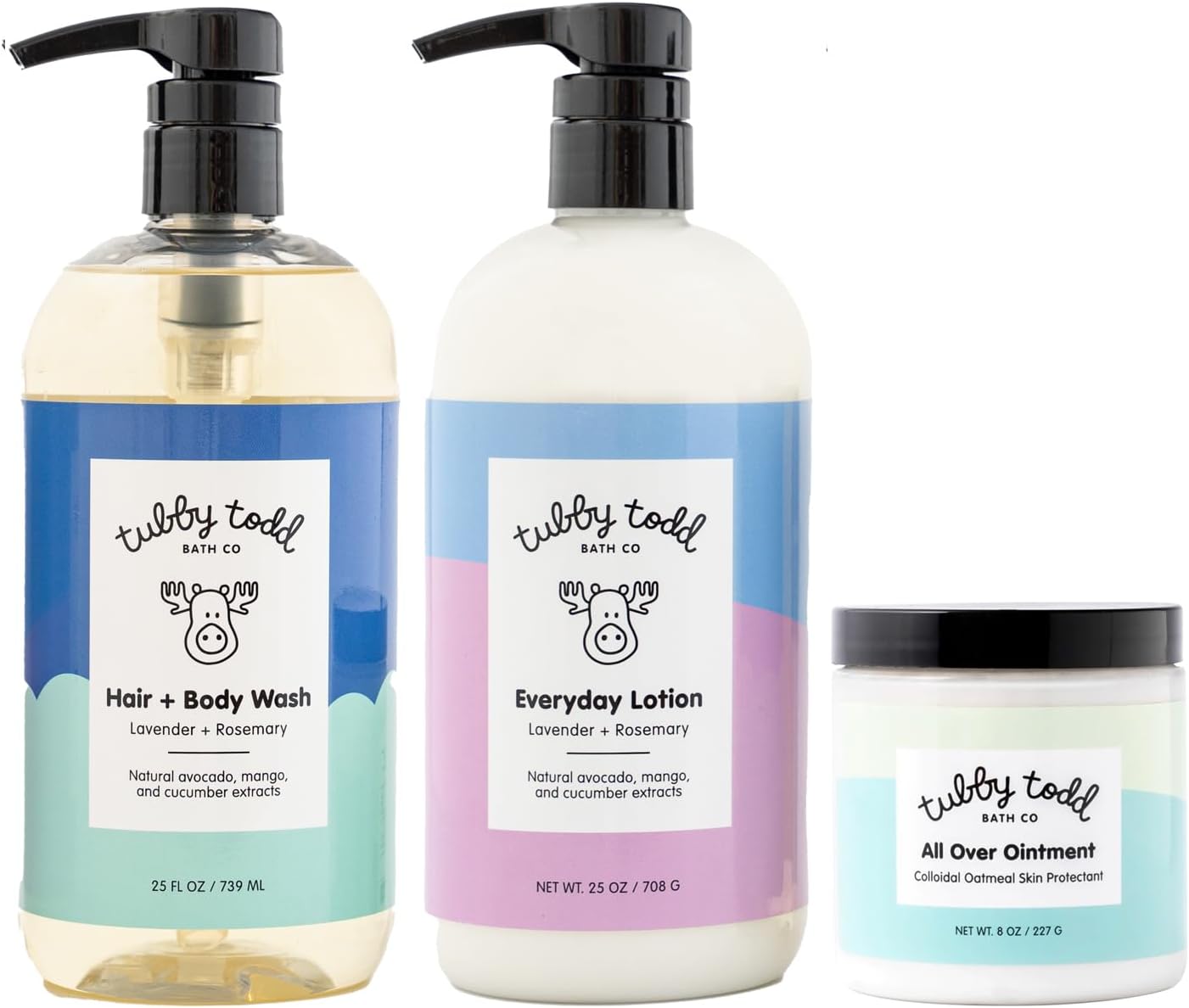 TUBBY TODD 3-Step Baby Bath & Skincare Routine - The Regulars Bundle - Baby Shampoo and Body Wash, Everyday Lotion 25 Oz & All Over Ointment 8 Oz - Lavender Rosemary