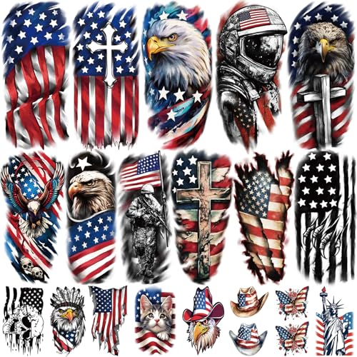 77 Sheets Independence Day Temporary Tattoos, USA Flag Patriotic Waterproof Fake Tattoos, Red White and Blue Party Supplies Tattoo for 4th of July Memorial Day, Veterans Day Tattoos