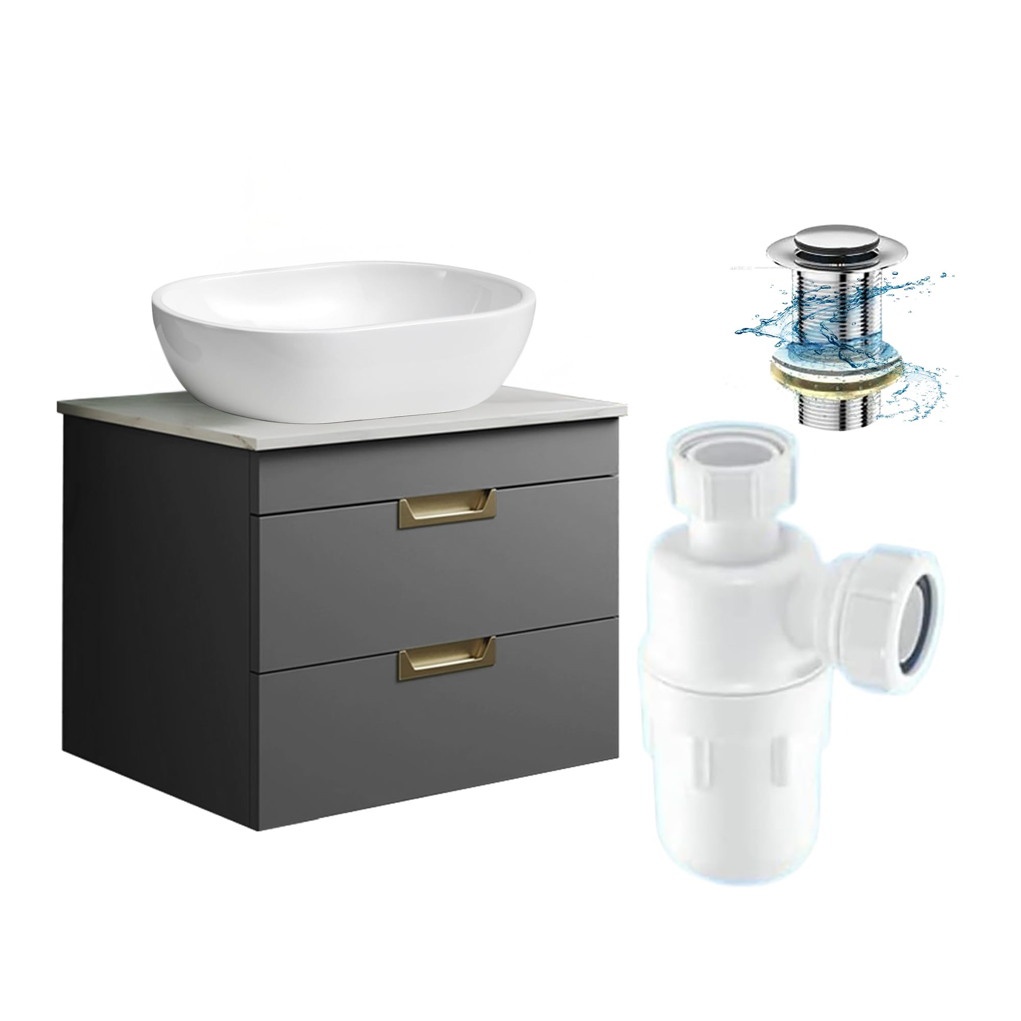 BELOFAY 600mm Wall Mounted Vanity Unit with Basin | Two Soft-Close Drawers | Modern Floating Design with Countertop Basin & White Stone Worktop | Wood Grains โ image 1