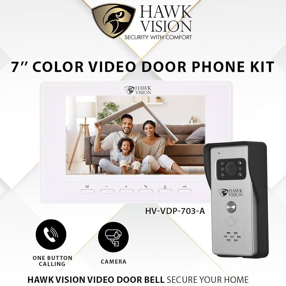 Hawk Vision HV-VDP-703A 7-Inch Video Door Phone Kit | Doorbell Camera with Night Vision | Two-Way Intercom | Main Door Security System for Homes & Flats with Display, Audio, and Remote Monitoring 1