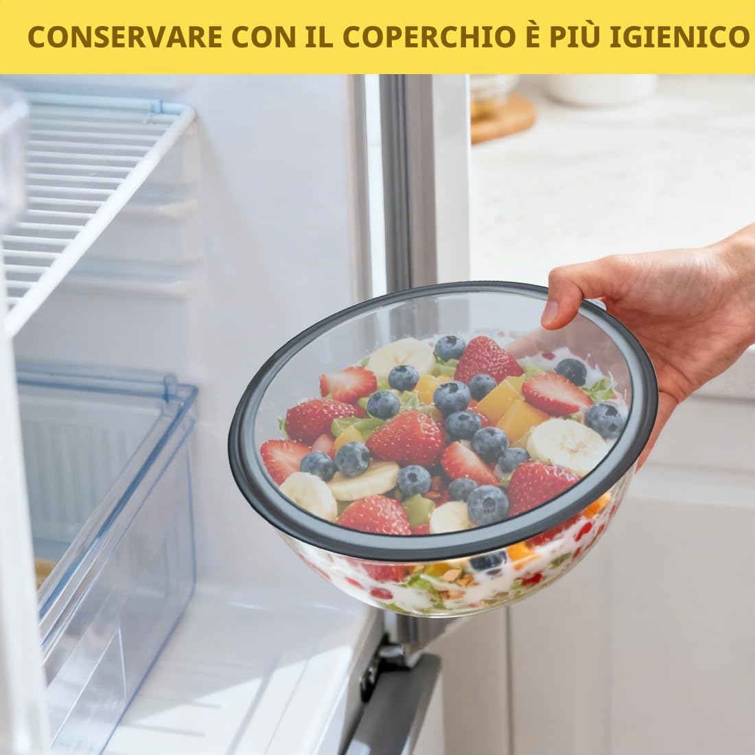 Set 3 Ciotole in Vetro Borosilicato con Coperchio Ermetico, 1050ml+2700ml+4400ml Senza BPA Resistente al Calore Impilabili per Cottura Forno Conservazione e Pranzo