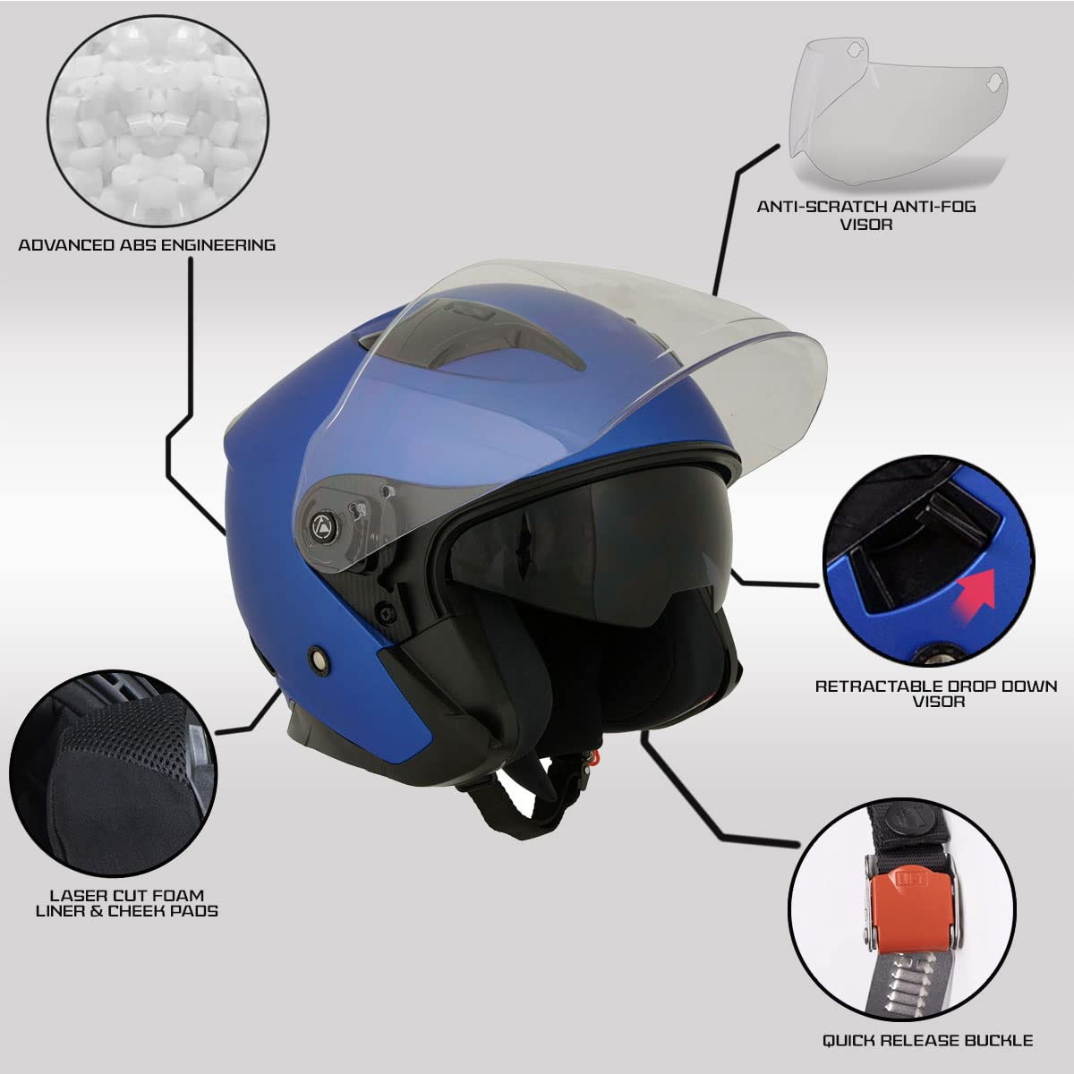 Milwaukee Helmets MPH9825DOT Shift Open Face 3/4 Blue Helmet Biker w/Drop Down Visor - X-Large