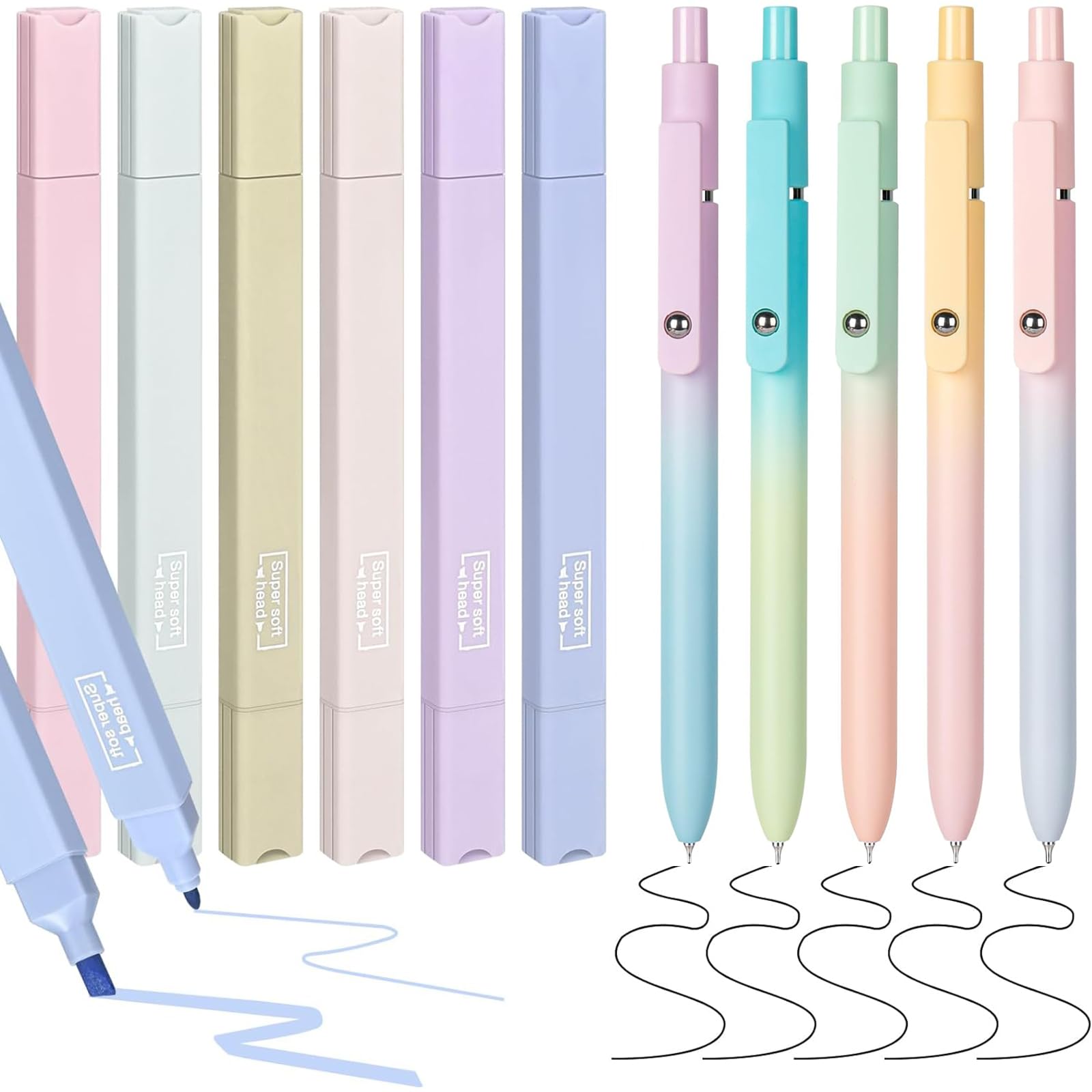 TAIHOBO 6PCS Subrayadores Pastel con 5 Bolígrafos de Gel Estéticos de 0.7mm en Negro, Marcadores Pastel de Secado Rápido y Colores Variados, Rotuladores Pastel de Escritura Suave y Bolígrafo Gel