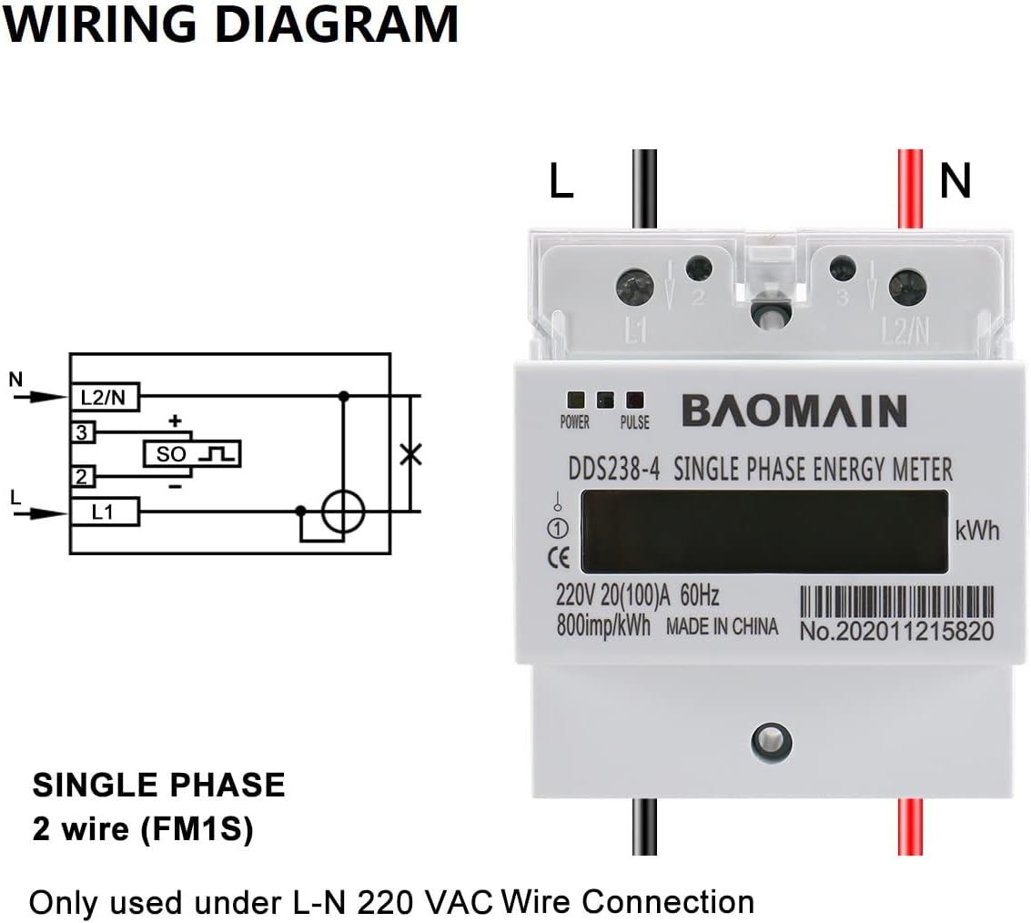 Baomain Single Phase Energy Meter 2 Wire 220V DIN-rail Type Kilowatt Hour kwh Meter 60Hz 20 (100) A