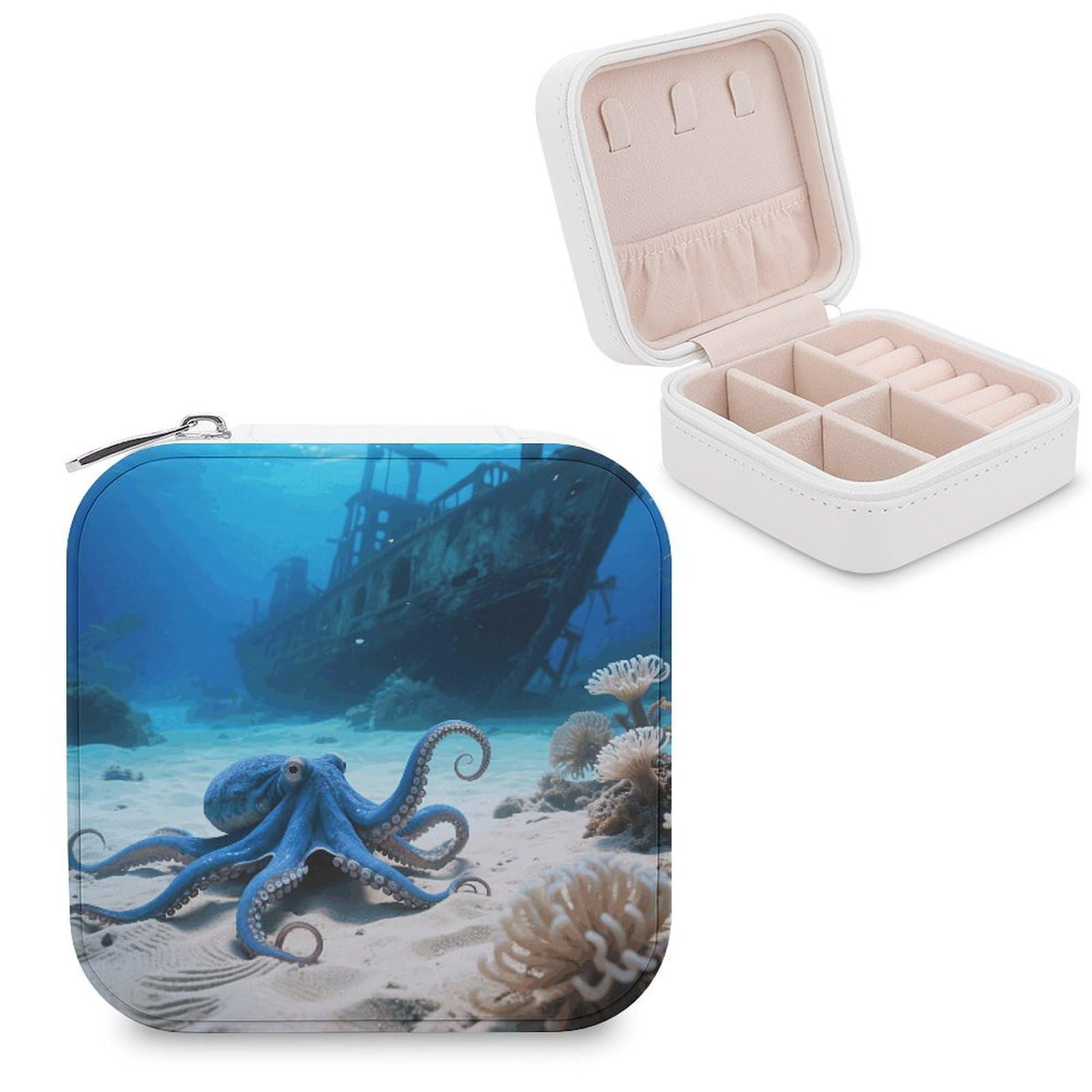 VstaDank Octopus And Ship Jewelry Organizer Travel Case for Women With Zipper Mini Jewelry Case PU Leather Jewelrys Box for Rings Necklaces Bracelets Earring Holder Organizer Storage