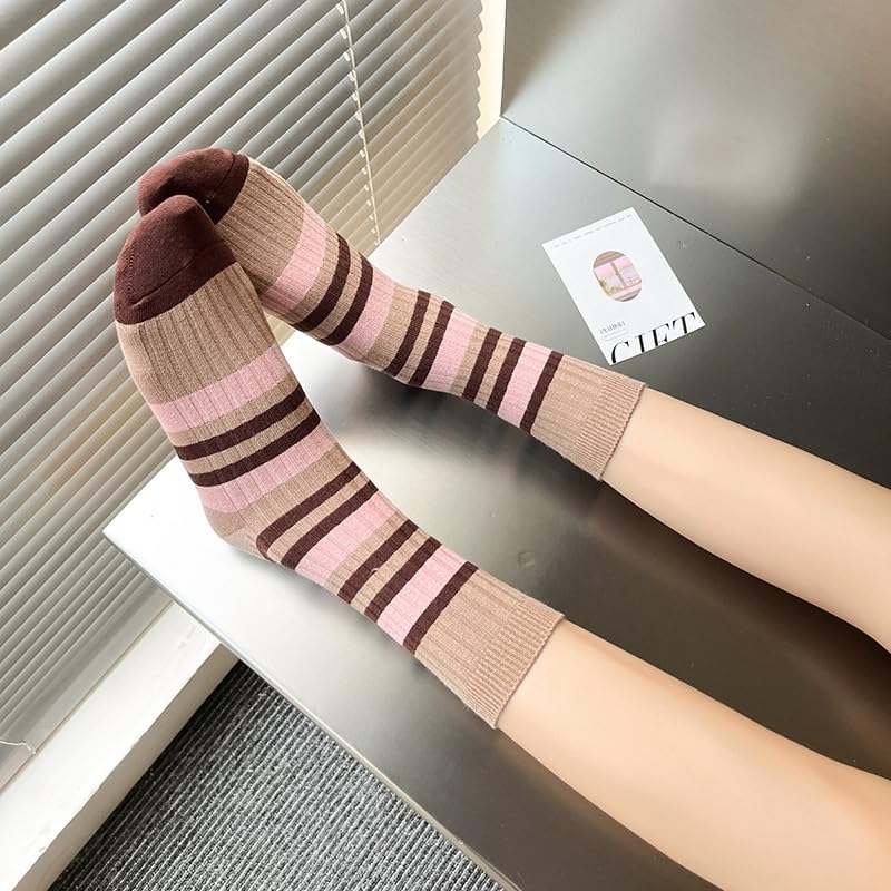Image of 5 /10 Pairs Retro Style Colorful Striped Socks, Cute Athletic Crew socks for Women