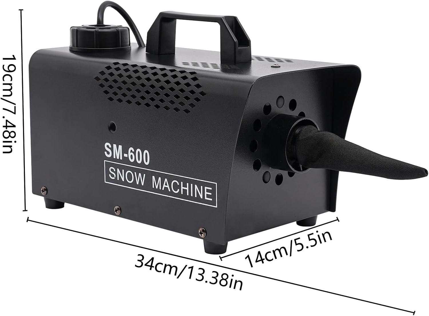 Dimensions of the FFanhia SM-600 Snow Machine, showing length, width, and height measurements.