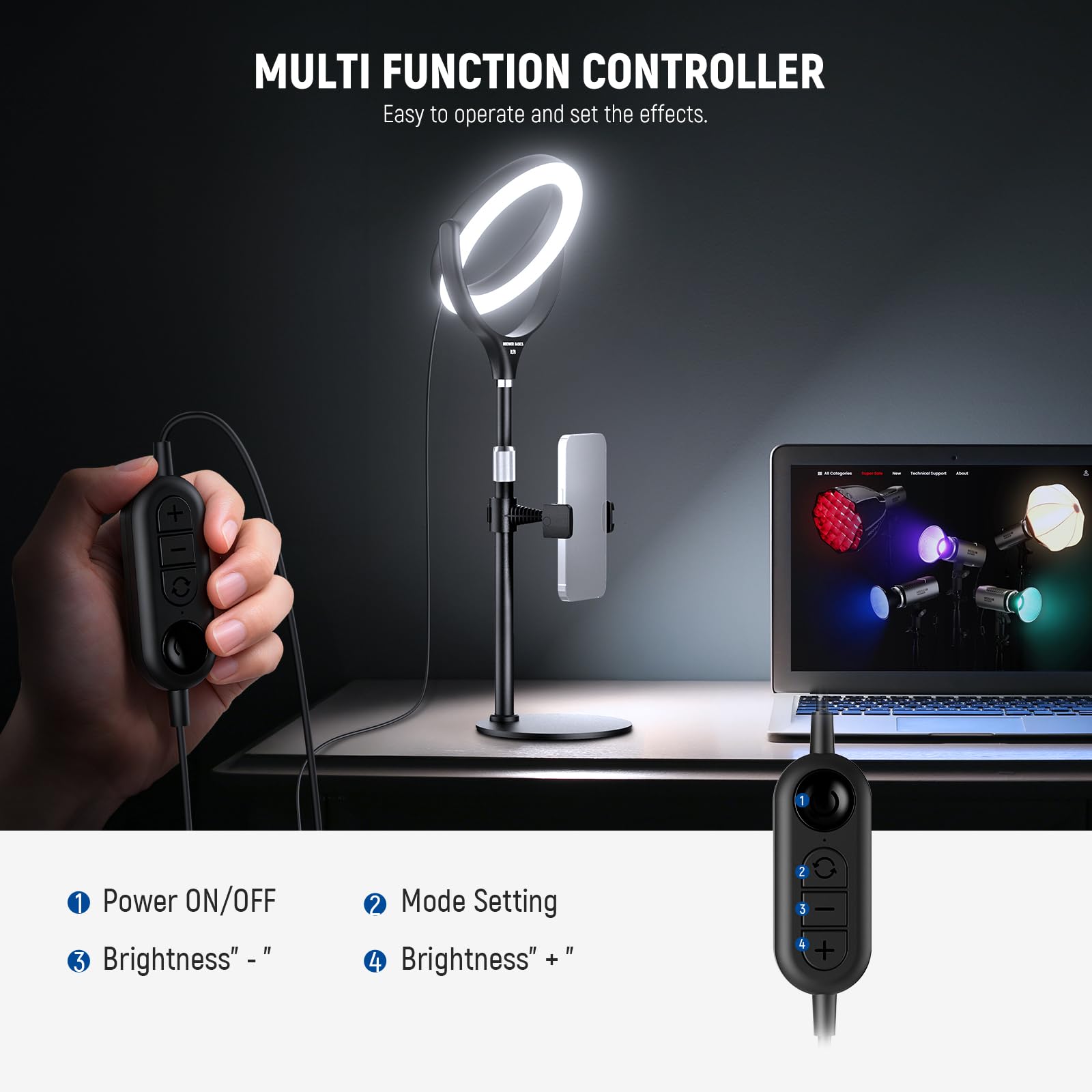 NEEWER BASICS lampa biurkowa z uchwytem na telefon, kompatybilne z iPhonem, 10 W CRI95 LED Selfie światło LED do nagrywania TikTok do nagrywania laptopa, kamery internetowej, Zoom wideokonferencja
