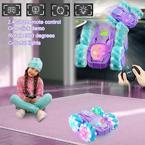 Miniatura 4 de YI-YANG-AII Auto a control remoto para niños, juguetes de acrobacias a control remoto, 4WD 2.4 GHz doble cara 360 giratorio todoterreno con luces