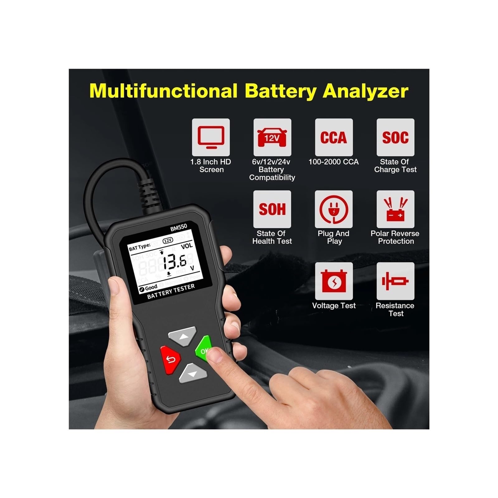 Probador de batería de Coche BM550, 6 V, 12 V y 24 V, analizador de batería automático, 100-2000 CCA, Forma de Onda de batería, herienta for batería de Coche