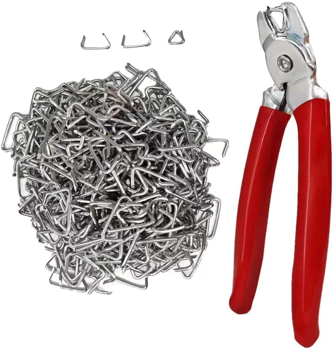 Hog Ring Pliers Set Angled,500 PCS Hog Rings, Professional Upholstery Installation Kit for Animal Cages Ropes, Bags