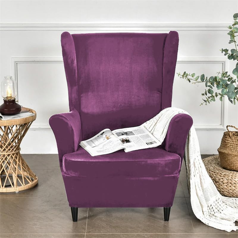 Image of HOKIPO Original Velvet Wingback Chair Cover, Stretch Fitted, Removable Washable Furniture Protector Slipcovers, Purple (AR-4761-PR)