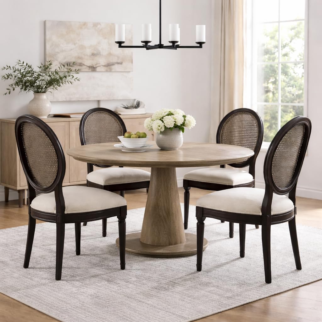 2xhome French Country Dining Chair | Upholstered Linen Welted Padded Fabric with Dark Rustic Wooden Frame | Farmhouse Oval Rattan Back Side Chair, Chocolate, Single, Set of 1