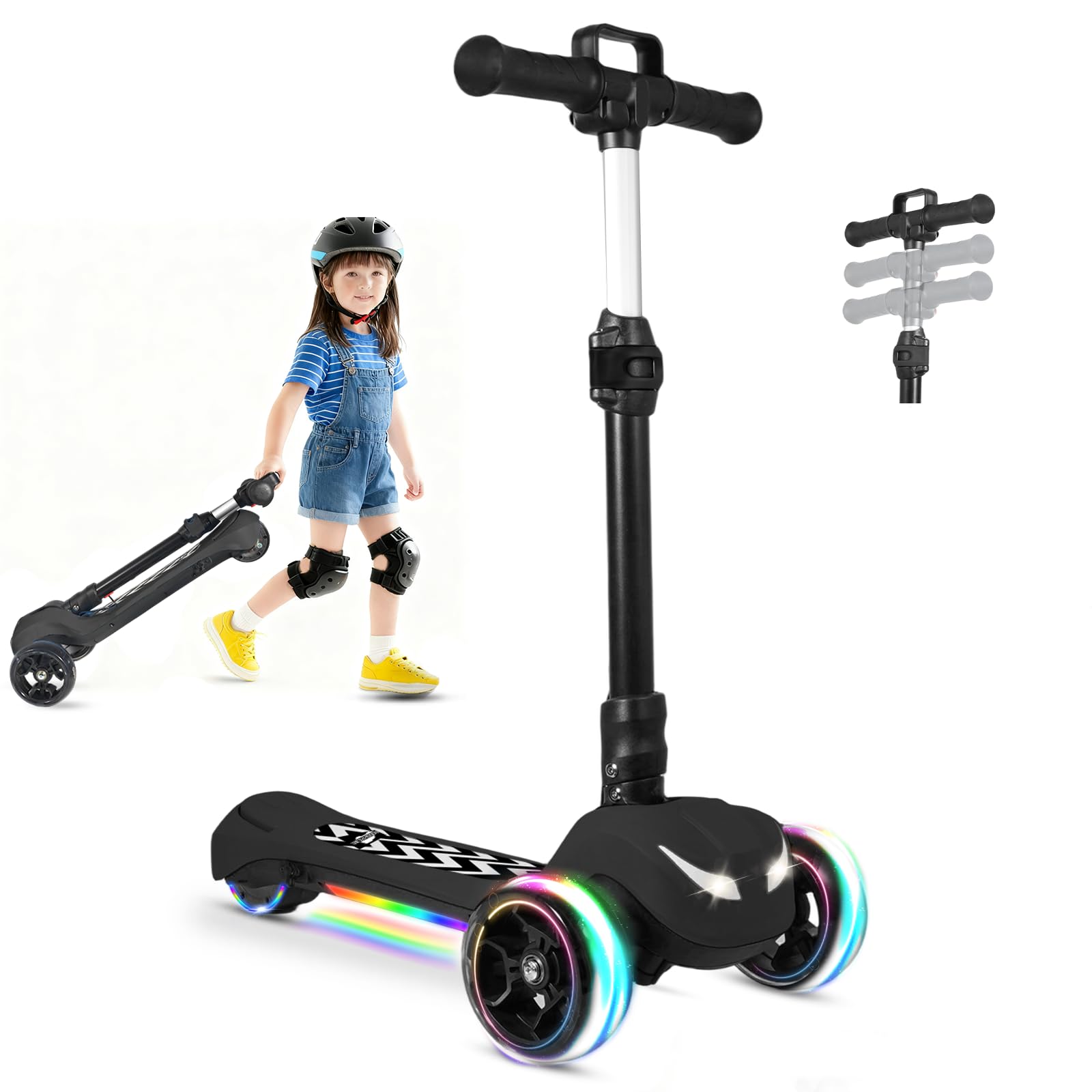 Electric Scooter for Kids Ages 3-12 3-Wheel Foldable Scooter with Full Body Lights Wide Deck 3 Adjustable Heights