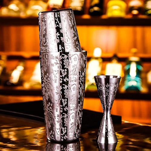 Miniatura 8 de Estaño coctelera Boston de acero inoxidable con patrón grabado  2 piezas coctelera sin peso de 18 onzas y 28 onzas, mezclador de bebidas Martini