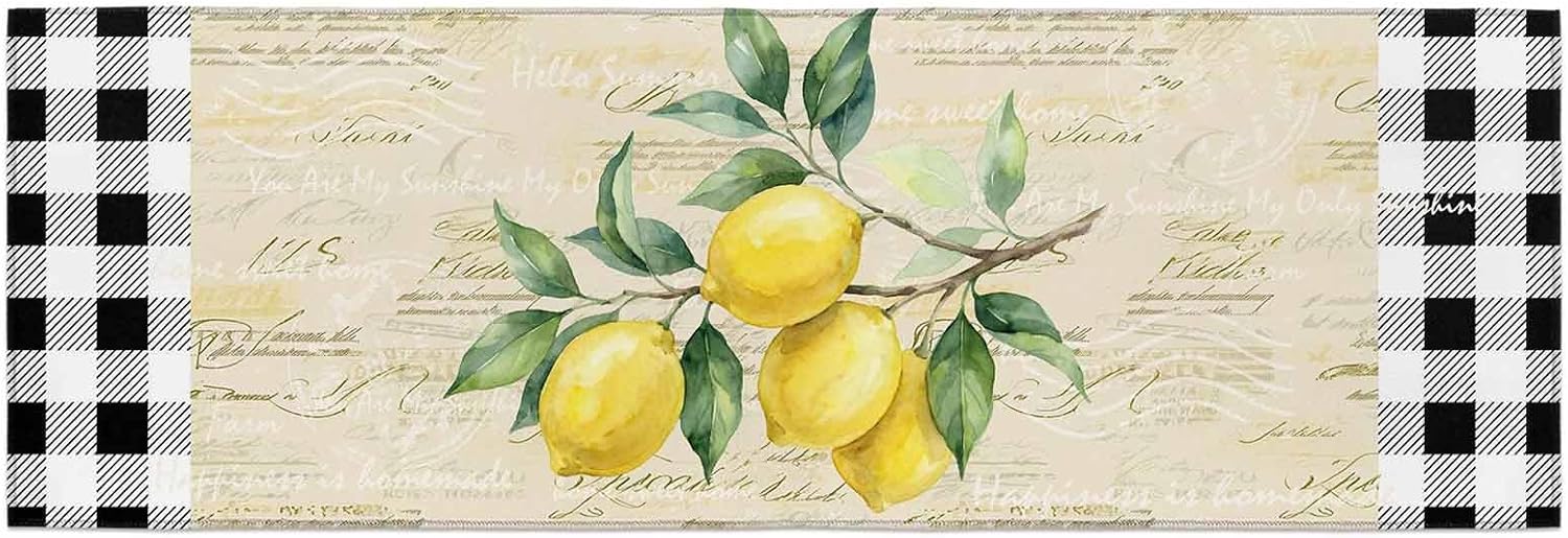 Teamery Kitchen Mats for Floor Summer Fruit Lemon on Retro Paper Washable Non Slip Kitchen Rugs 1PCS, White Black Plaid Absorbent Standing Mats for Sink Bathroom Office Living Room 23.6x70.9in