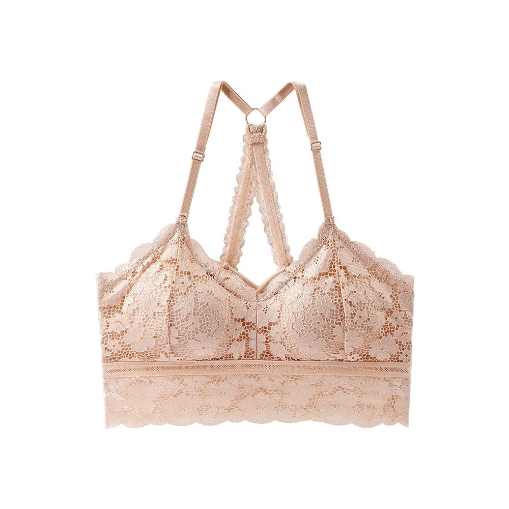 KOEMCY Women's Lace Bralette Sexy Wireless Push Up Seamless Harness Lifting Bra Bandeau Top Criss Cross Back V Neck Thin Cup Crop Tops Bustier for Everyday Wear (Beige,L)