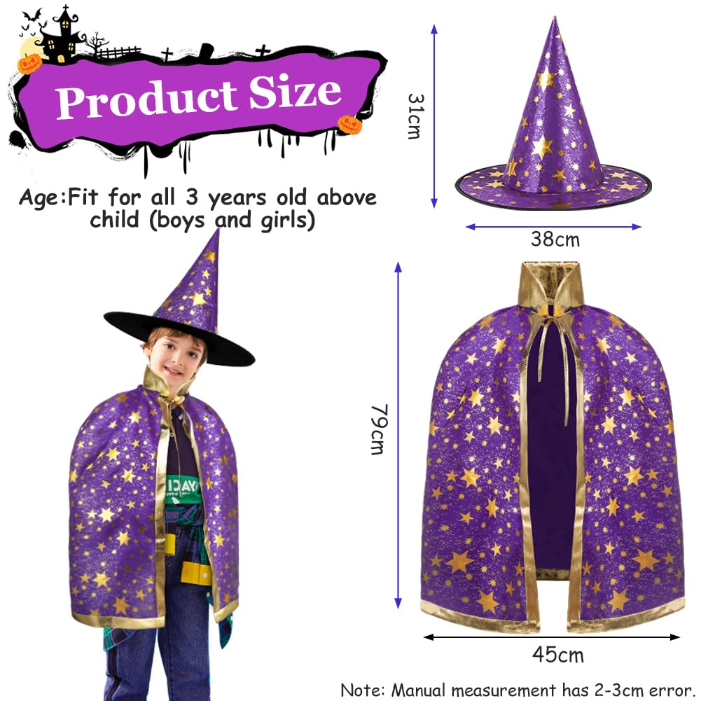 Kinder Halloween Kostüm, Zauberer Kostüm Kinder, Wizard Cape Witch Umhang mit Hut, Kinderkostüm Hexenhut Faschingskostüm für Karneval Fasching Cosplay Junge Mädchen