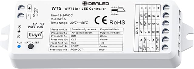 GIDEALED Smart Wireless 5 in 1 WiFi RGBWW LED Controller,Work with Alexa/Google Assistant,APP/Voice Control RGBCCT,RGBW,RGB,CCT and 5 White Strip Lights Color Change Dimming(Only WT5 LED Controller)