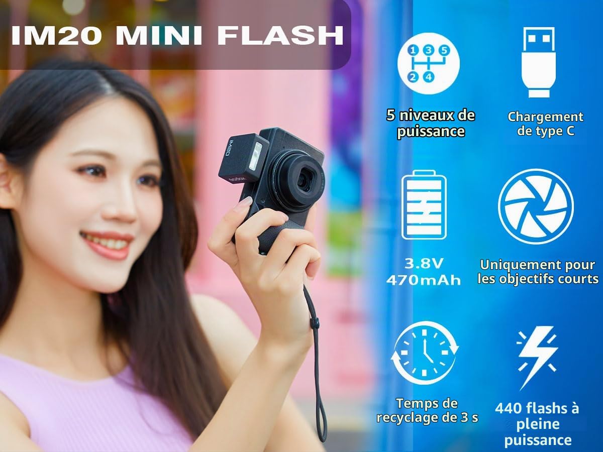 GODOX IM20 Flash Appareil Photo, 5 Niveaux de Sortie, 440 Flashs à Pleine Puissance, Chargement USB-C, Compatible avec Ricoh GR III, GR III X, Canon Sony Nikon Fujifilm Panasonic Olympus