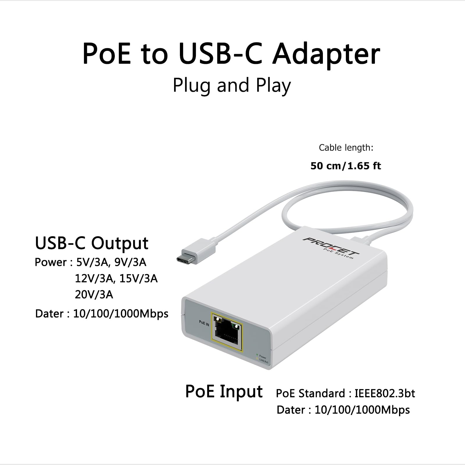 Revotech PoE naar TypeC Adapter Converter, Converteer POE naar USB C uitgang met Ethernet, 5V/3A en 9V/2.5A adaptieve uitgang, IEEE802.3af/at, Bedraad breedband en PD-opladen voor telefoon/tablet Revotech PoE naar TypeC Adapter Converter, Converteer POE naar USB C uitgang met Ethernet, 5V/3A en 9V/2.5A adaptieve uitgang, IEEE802.3af/at, Bedraad breedband en PD-opladen voor telefoon/tablet