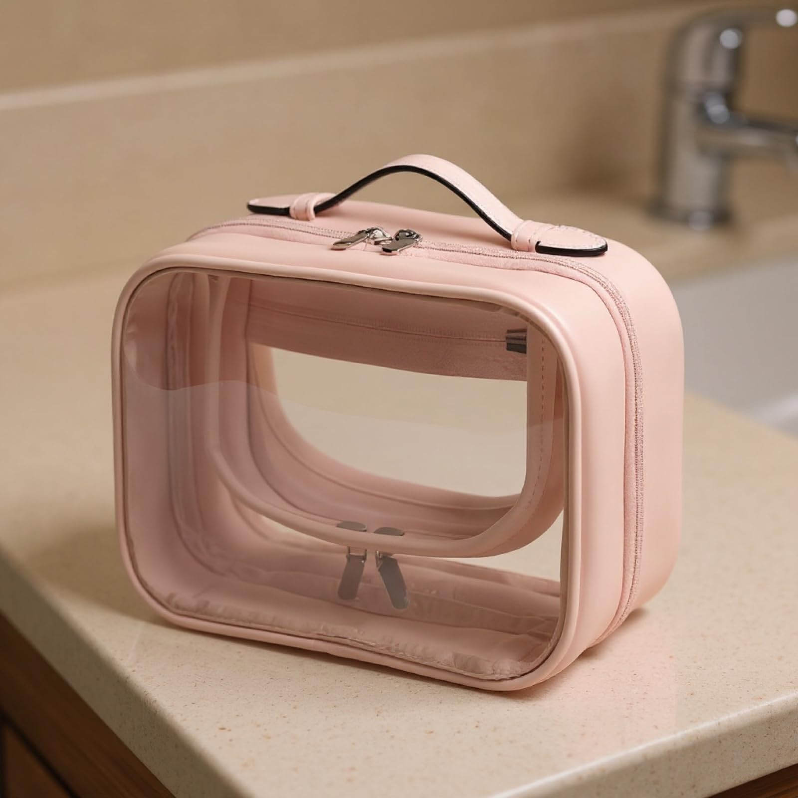 Kosmetiktasche für Damen, transparente Pinke Reise-Kosmetiktasche mit Henkel, doppellagige PVC-Reißverschlusstasche zum Aufhängen, 21,08 x 10,92 x 1,27 cm