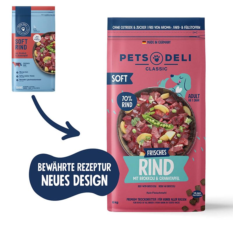 Pets Deli Soft Trockenfutter für Hunde mit Rind, Brokkoli & Granatapfel ohne Zucker und Gluten 6kg