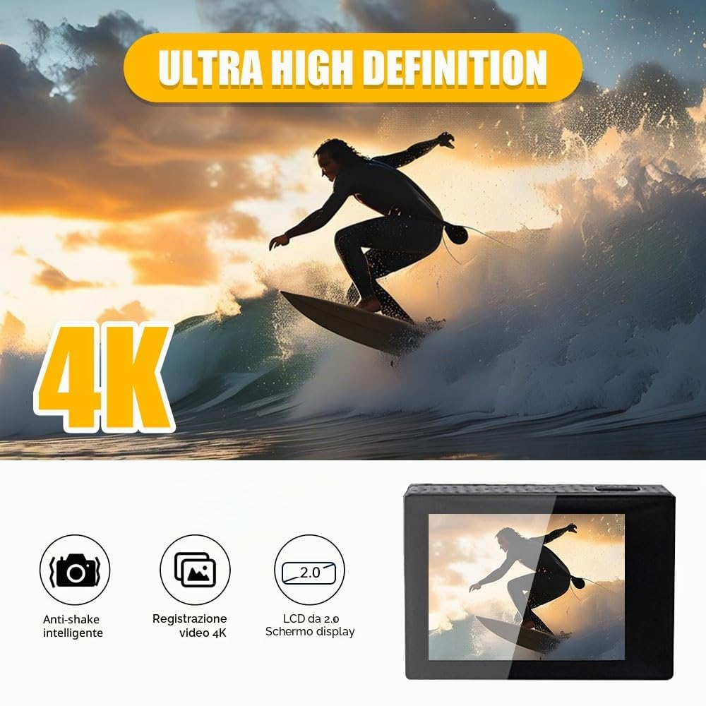 Peppy Action Camera 4K 20MP Ultra HD WiFi Impermeabile Sport Camera, con Grandangolo 140°, Stabilizzazione, Telecomando e Microfono Esterno per Vlogging, Immersioni, Snorkeling e Sport All'aperto