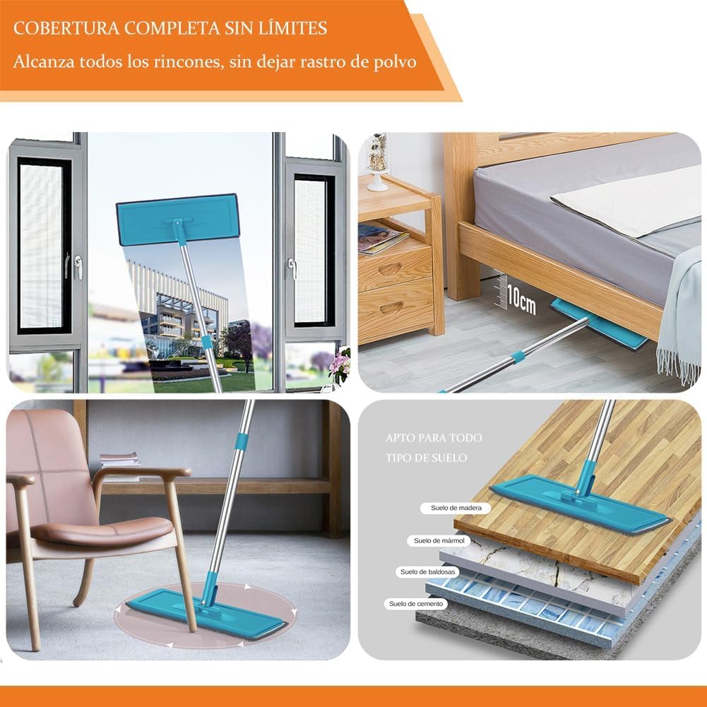 Mopa para Limpiar Azulejos y Paredes Mopa Fregona con Cubo Escurridor Fregona Autoescurrible Mopas de Limpieza Suelos Cepillo Esfregona 6 Almohadillas Microfibra Limpiador y Atrapapolvo Mop (Azul)