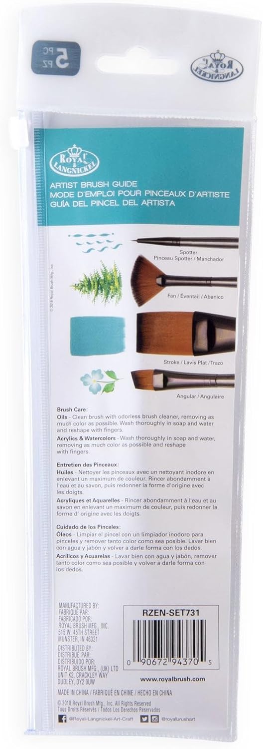 Royal & Langnickel Zen 5pc Standard Handle Brush Set, Includes - Stroke, Fan, Angular & Spotter Brushes