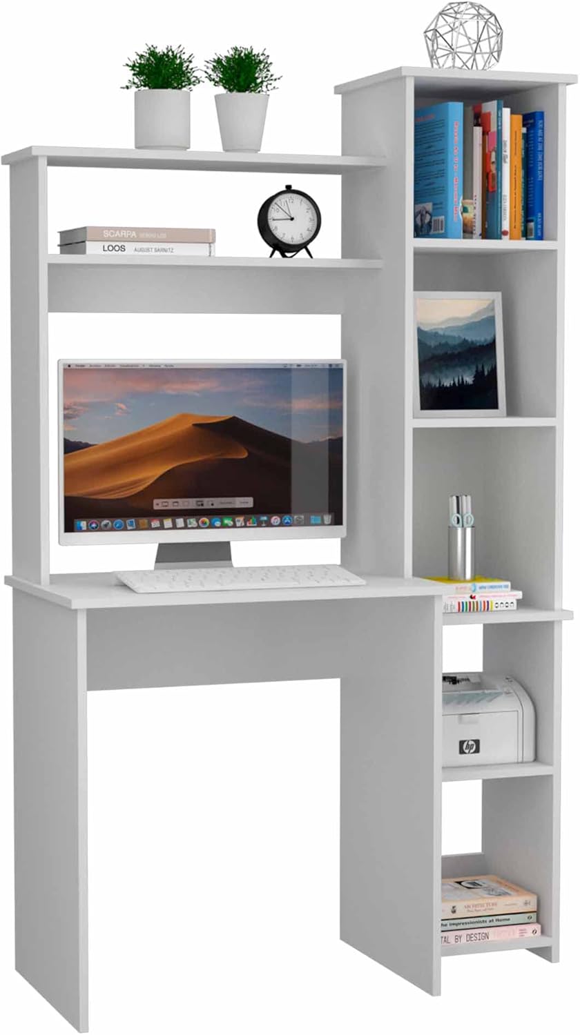 Bellemave Computer Desk with Hutch and Bookshelf, Home Office Desks with 6 Storage Shelves, Writing Study Desk Table, Modern Compact Workstation, Bookshelf Desk, White