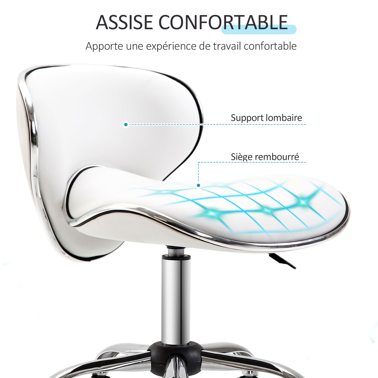 HOMCOM Tabouret à roulettes réglable 44-56 cm pivotant 360° Blanc Bureau Massage Clinique