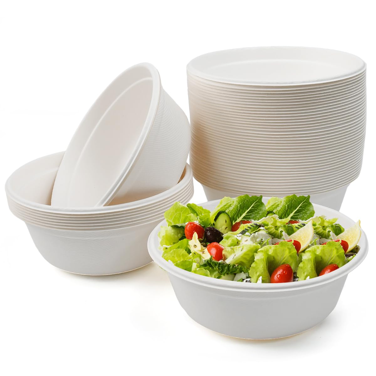 Kleemeiero 50 Pezzi Ciotole di Carta Bagasse di Canna da Zucchero 500ML Ciotola per Zuppa Biologica Rotonda Bianca Biodegradabili e Compostabili Piatti Carta per Picnic Barbecue Feste