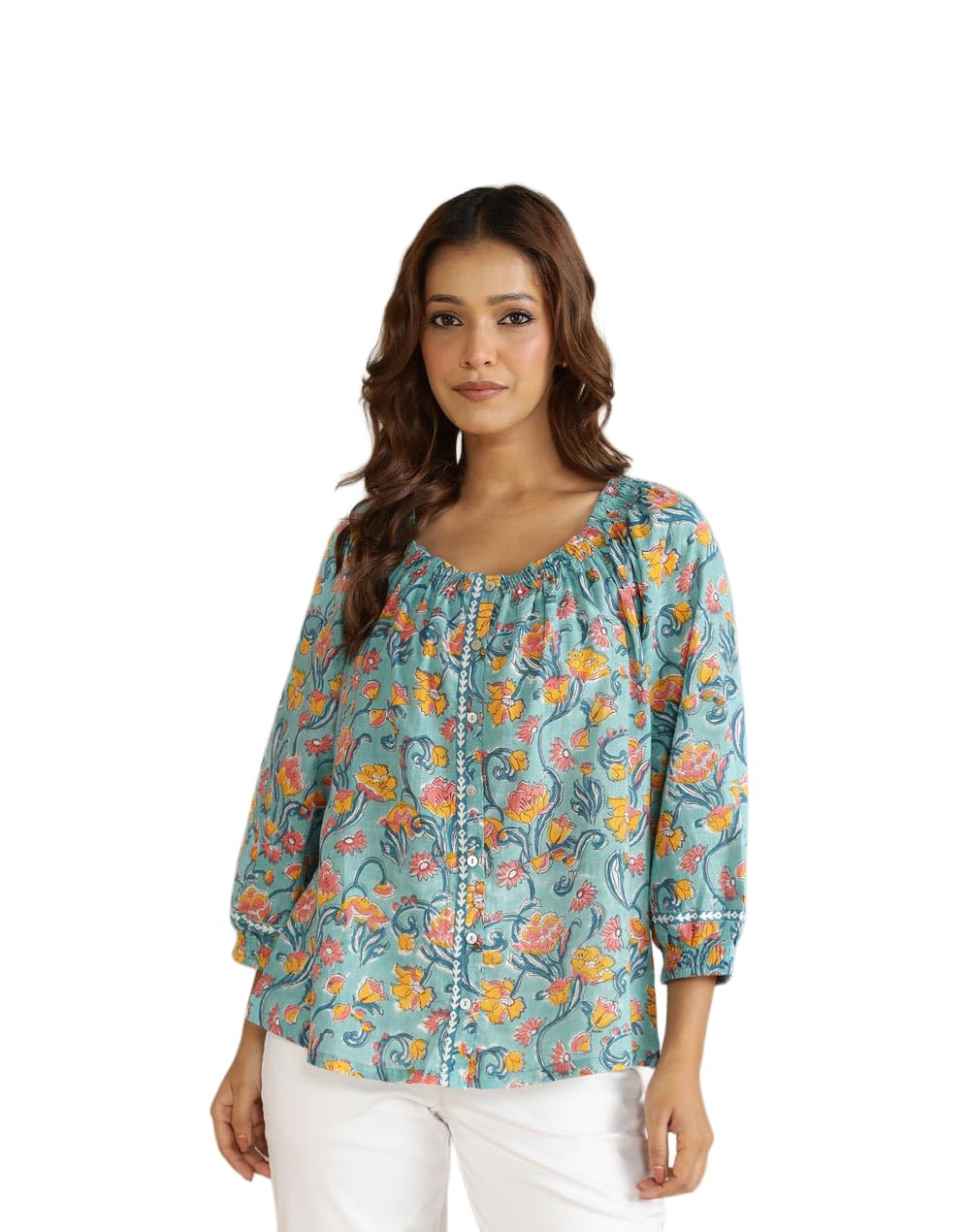 Fabindia Blue Cotton Printed Comfort Fit Top-picture-11